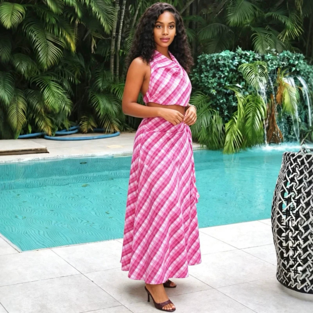 ZARA Sleeveless Halter Neck Sexy Crop Top and African Print Plaid Skirt Set